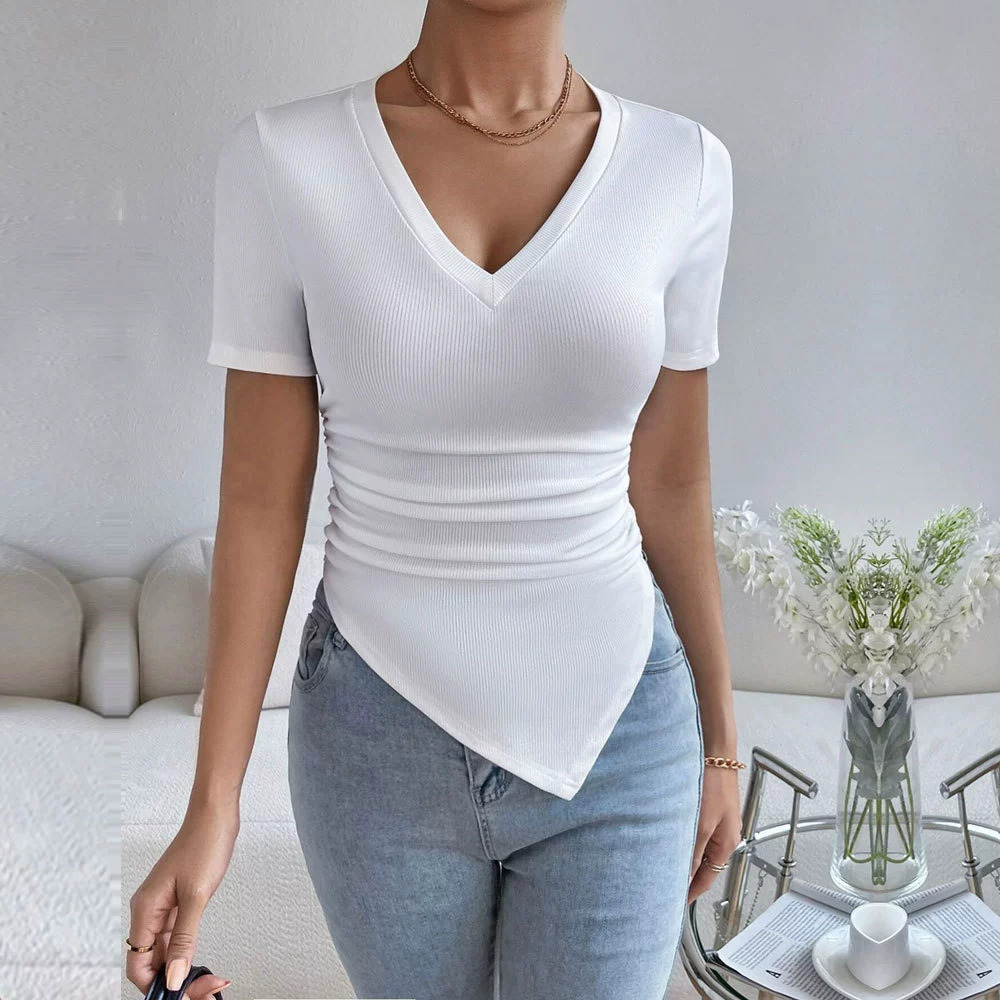ZARA Sexy Neckline Slim Fit Asymmetric Hem Knit Short Sleeve Versatile Top